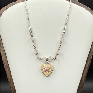 Brighton “Spring Fever” Pink Flower Rose Quartz Heart Silver Plate Necklace